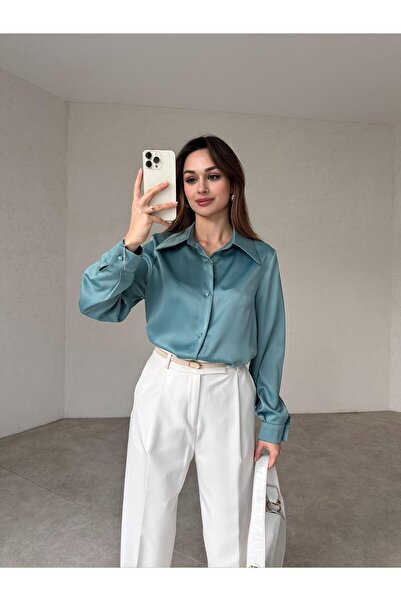 Genel Markalar Kadın Mint Saten Kumaş Gömlek