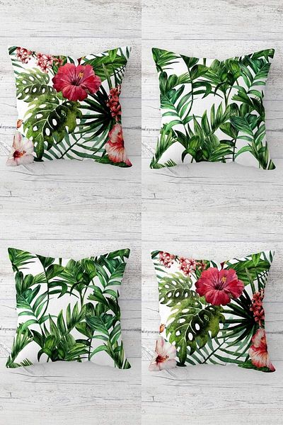 Pelangi Tropical Leaf and Floral Pattern - Hidden Zipper Throw Pillow Cover Set (4Pcs)