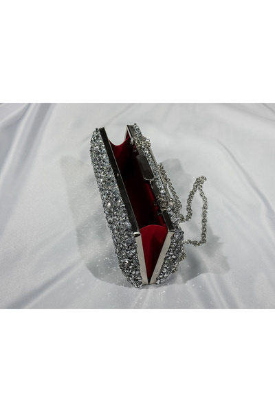 Store Işıltılı Gümüş Taşlı Abiye Çanta