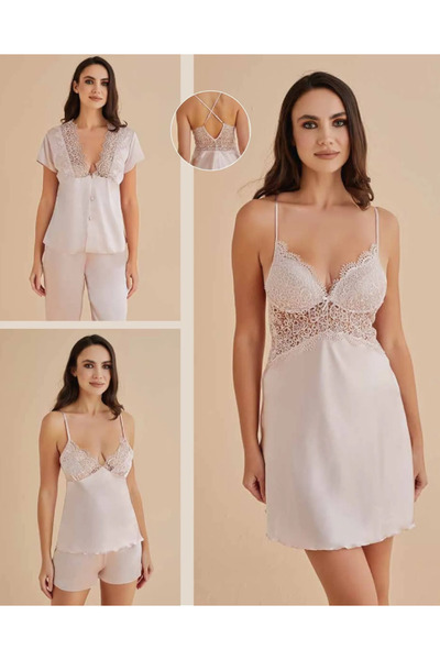 QKK Kadın Pudra Gecelik&Sabahlık&Şortlu Takım&Pijama Takımı 6'lı Saten Gelin ...