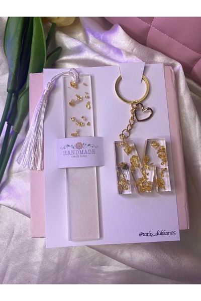 TATLIŞ El yapımı epoksi hediyelik kitap ayracı ve harf anahtarlık seti kart v...