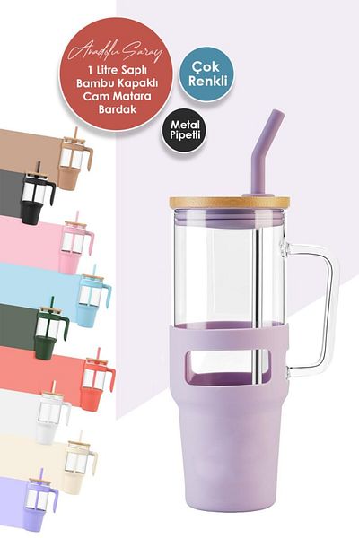 Anadolu Saray Large Mug with Colorful Bamboo Lid - Large Size Glass Mug Cup Thermos with Steel Straw 1000 ml