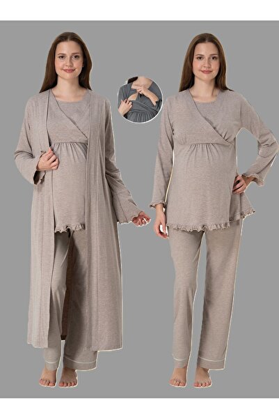 LOHOUSE طقم بيجامة بيجامة مزدوجة الصدر باللون البيج - أكمام طويلة، كامل الطول...