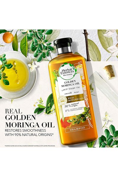 Herbal Essences شامبو بيو رينيو الطبيعي بزيت المورينجا الذهبي لتنعيم الشعر، 400 مل