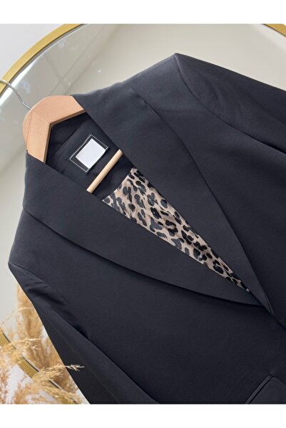 Ebrar Store Μπουφάν Nermin με διπλή τσέπη με μανίκια και εσωτερικό λεοπάρ σχέδιο-EL1495 Μαύρο