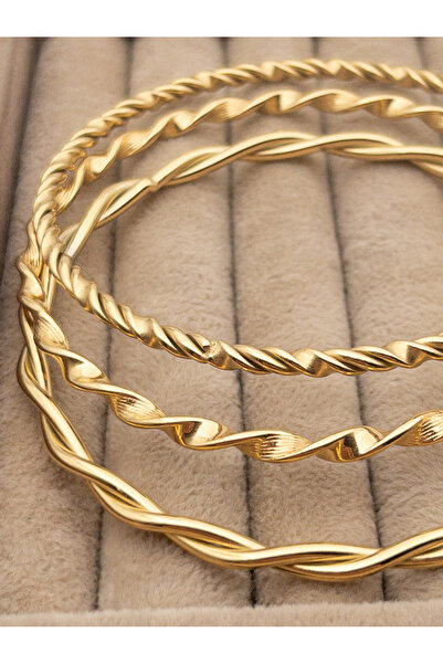 Siya Silver Altın Kaplama Gold Renk Burgu Model 3'lü Çelik Bilezik Set-(20 CM-6,5 CM)