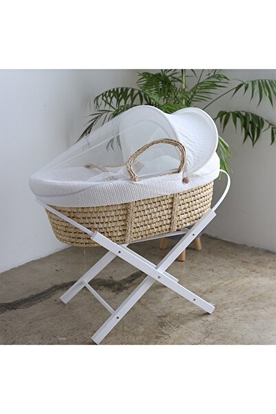 Fun Moment مهد سلة موسى مع حامل خشبي قابل للطي باللون الأبيض