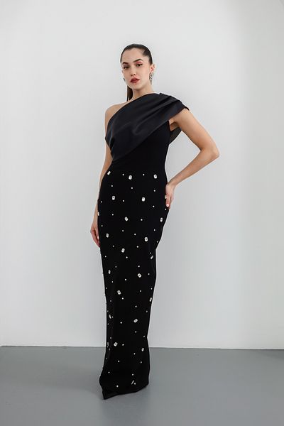 Lafaba Γυναικείο Μαύρο One Shoulder Stone Promise Engagement Νυφικό βραδινό φόρεμα