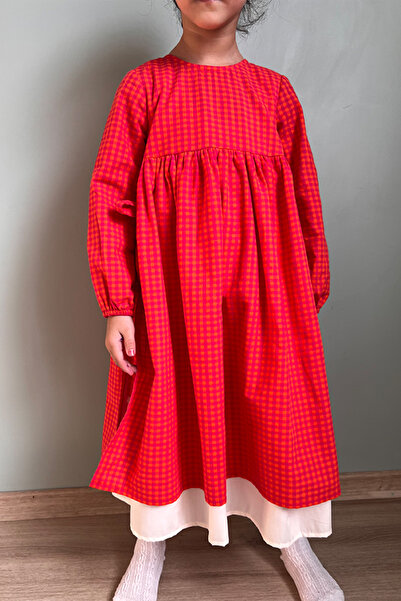 Masnu Çocuk فستان بناتي متوسط الطول مبطن باللون الأبيض من البوبلين والوردي وا...