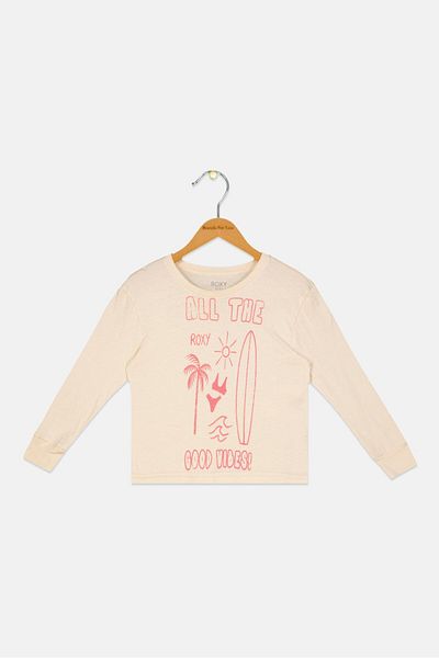 Roxy Toddlers Girl Graphic Print Long Sleeve Beachwear T-Shirt, Beige