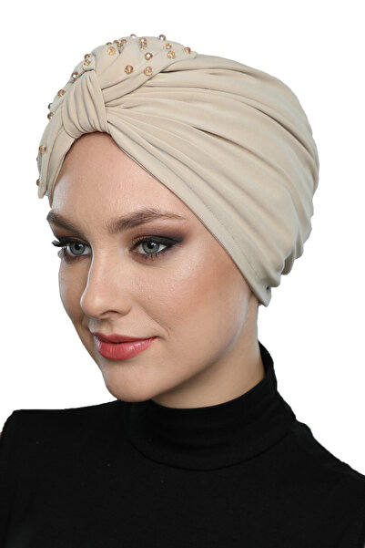 fidan bone Κρυστάλλινο πέτρινο κεντημένο διπλής όψης με επένδυση μπεζ έτοιμο τουρμπάνι Hijab βραδινό καπό