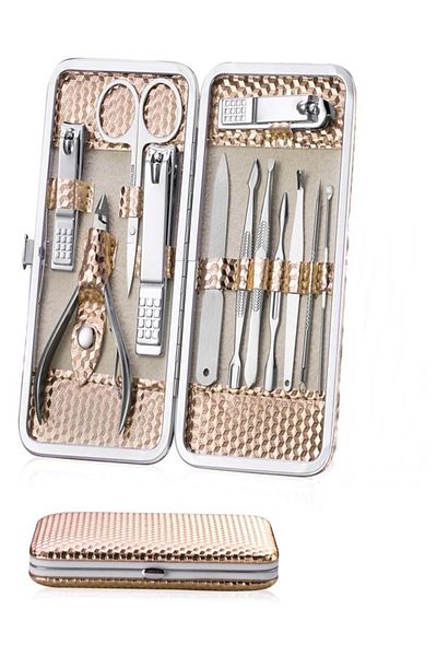 Arzu Güzel Cosmetics Rose Gold Honeycomb Textured Outer Design 12 Pieces Travel and Bag Size Manicure Pedicure Skin Care Set