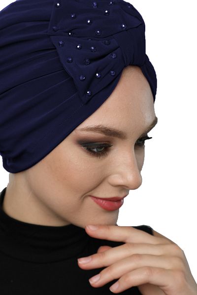 fidan bone Cristal Evantai Pietra Brodata Dubla Fete Captusita Albastru Marin Ready Made Hijab Hijab Rochie Seara Bonnet