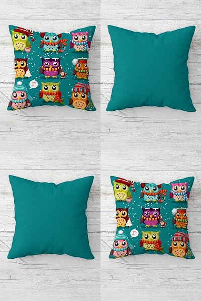 Pelangi Owl Patterned Hidden Zippered Throw Pillow Cover Sofa Pillow Cover Set (4 Pieces)