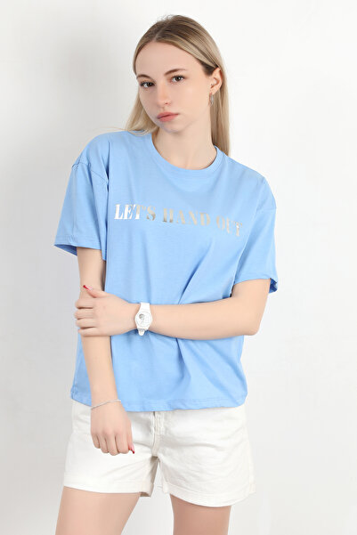 GİYSA Γυναικείο μπλουζάκι με μπλε λαιμόκοψη με στάμπα - 925030