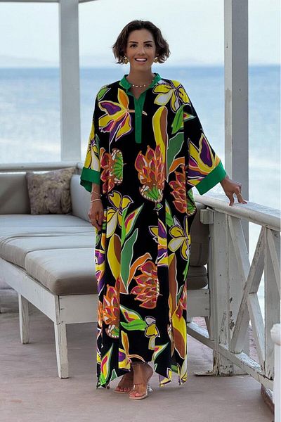Nevin Kaya Moda Μαύρο φόρεμα με τροπικό σχέδιο 100% βαμβακερό μεγάλο μέγεθος