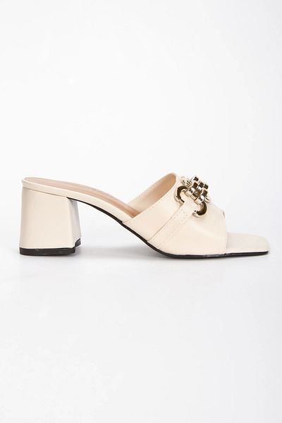 MFT AYAKKABI Beige Women's Slippers - Thick Heel and Buckle Detail