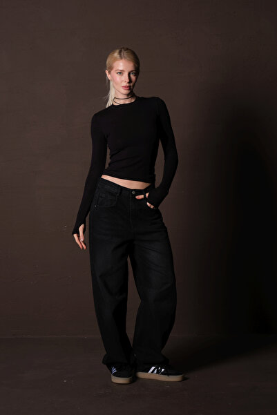 Domoda Black Viscose Breathable Flexible Crew Neck Soft Long Sleeve Women's Blouse @Palencia