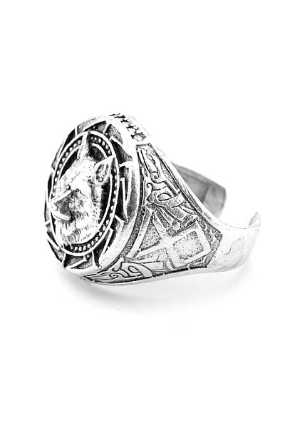 Solfera Viking Turkish Mythology Brass Adjustable Men's Ring - Embossed Wolf Rg074