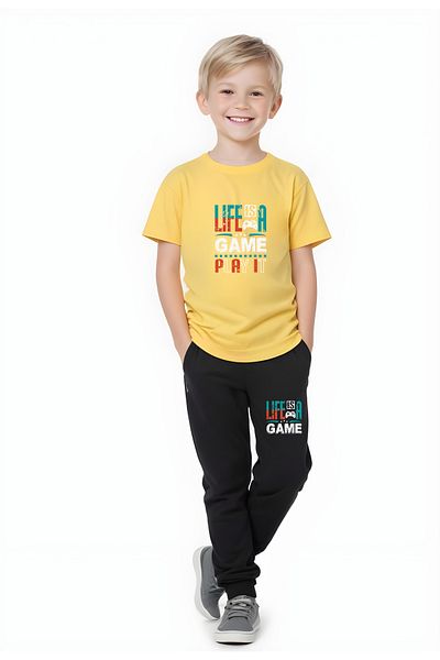 panios kids Set de sus și de jos cu buzunar dublu pentru băiat cu imprimeu Life is Game