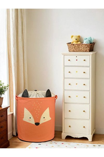 PRENDİ HOME Organizator pentru cameră pentru bebeluși și copii Fox Design - Cutie de depozitare cu plasă, coș pentru jucării murdare 37x40