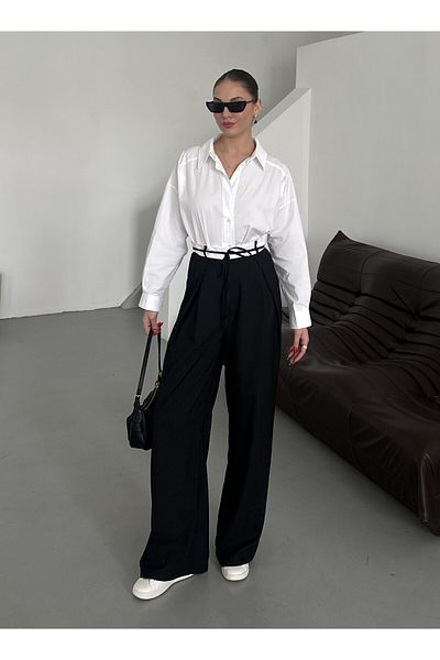 Laluvia Black Belt Rope Detailed Design Trousers - 3576