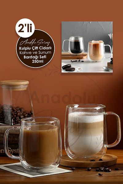 Anadolu Saray 2 Heat Resistant Borosilicate Double Stones 250ml Cup with Handle |   Coffee and Presentation Cup