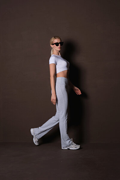 Domoda Pantaloni de mers pentru femei, gri, cu talie înaltă, cu picioare late, spaniole, cu conținut ridicat de bumbac, tricotați @girona