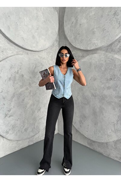 Zeo Basic Кнопковий V-подібний комір, синій джинсовий жилет