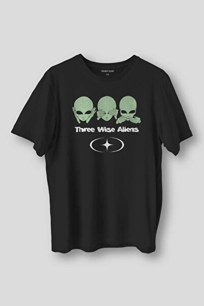 Kendim Seçtim Μαύρο μπλουζάκι με σχέδιο Space Cosmos - Three Wise Aliens, Ufo, Mars Evolution Tree Printed Unisex T-shirt