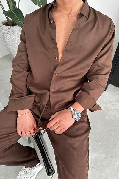 HAFKAGİYİM Καφέ Lyocell Fabric Basic Relaxed πουκάμισο