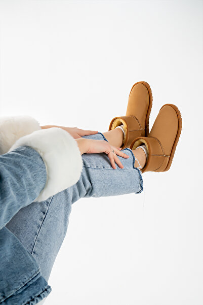 Shupe Kadın Taba Mini Süet Bot Içi Kürklü Bilekte Kısa Topuklu Taban Kışlık Bot