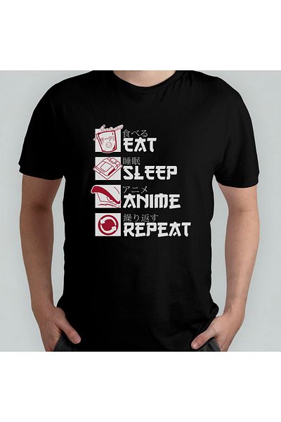 Pixxa Anime Repeat Eat Sleep Crew Neck 100% βαμβακερό T-shirt - Μοντέλο 1