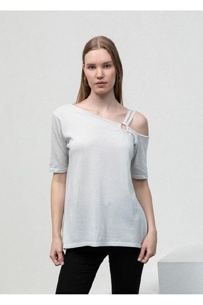 Modayızbiz Bluză de damă cu mânecă scurtă cu garnitură Sim Garnish Silver B7020