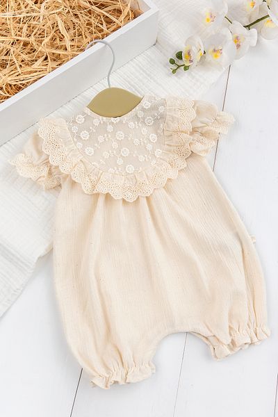 Babymod 100% Cotton Tulle Embroidered Scalloped Ruffled Summer Cream Baby Girl Jumpsuit Special