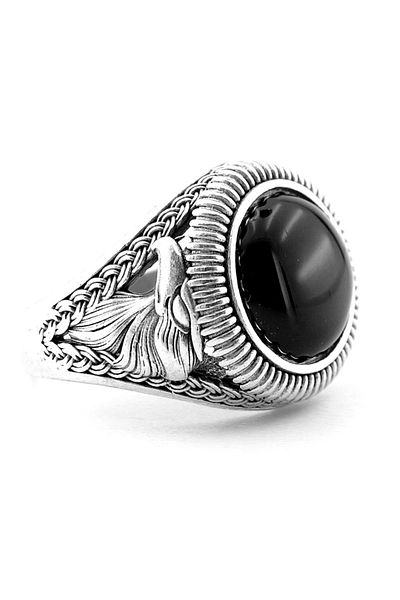 Solfera Black Round Embossed Eagle Pattern Brass Adjustable Men's Ring Rg078