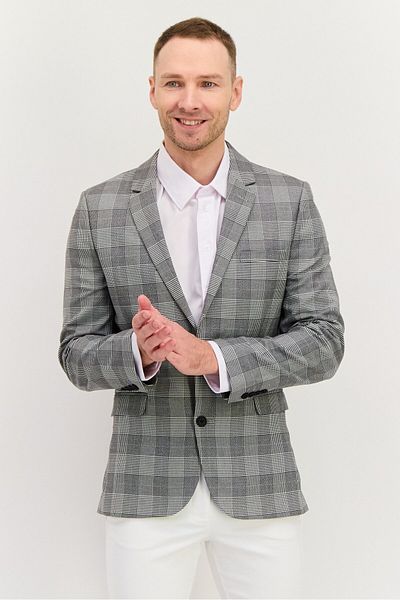Asos Design Men Regular Fit Whale Check Semi- Formal Suit Blazer, Grey