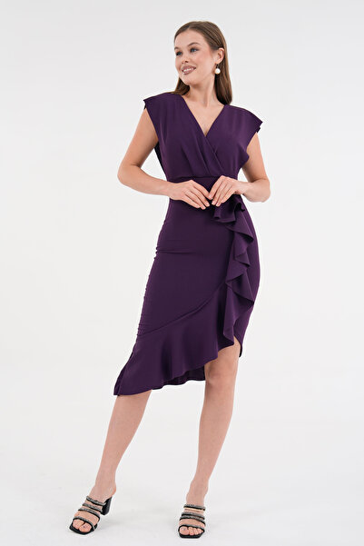 vuvutasarım Crepe Stretchy Fabric Double Breasted Neckline Flounced Midi Women's Evening Dress Graduation Dress 583160