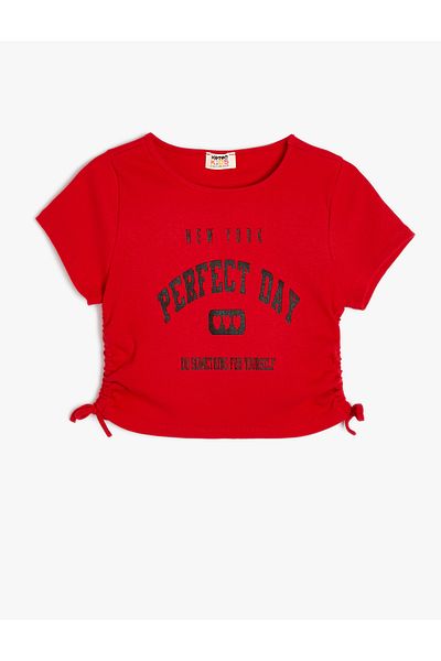 Koton Cotton Crop T-Shirt - Side Drawstring, Short Sleeve and Print