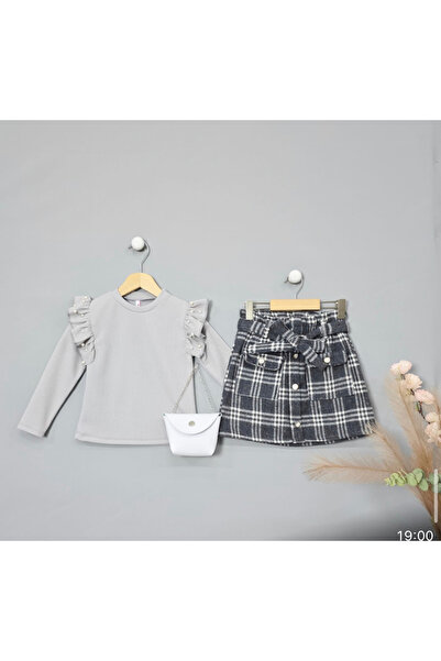 BLR KİDS Girl's Pocketed Plaid Skirt Bottom Top Suit with Bag