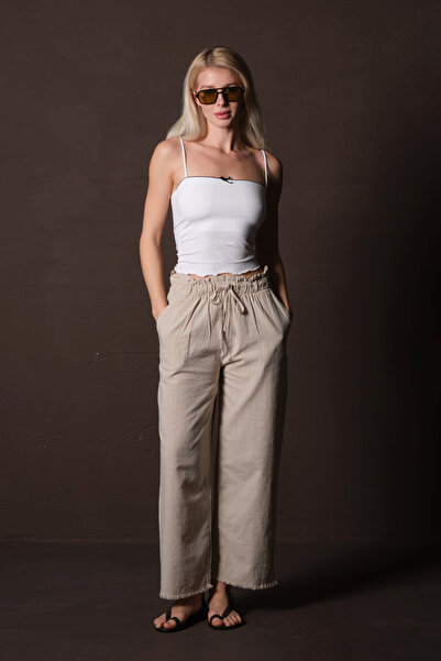 Maule Pantaloni de vară pentru femei, din bumbac bej, elastic și adunat, cu croială relaxată, cu picior tăiat la gleznă @portofino