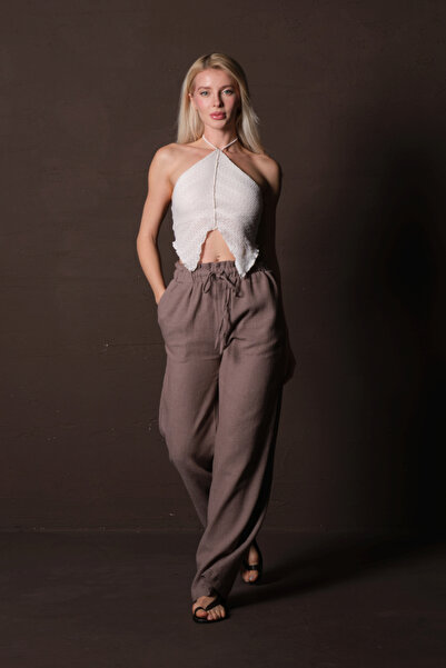 Domoda Mink Cotton Elastic Waist and Drawstring Relaxed Cut Wide Leg Textured Summer Women's Trousers @Lagos