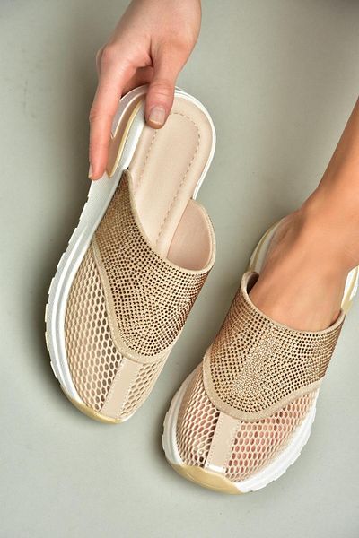 Fox Shoes U 312514415   Γυναικείες Παντόφλες Μπεζ Διχτυωτές