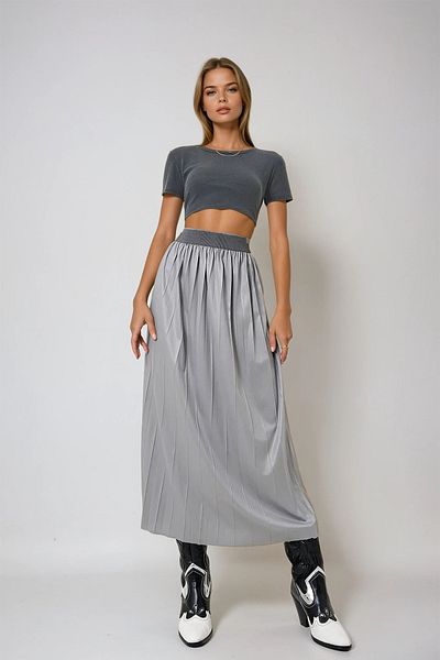 VAGGON Women's Light Gray Elastic Waist Wide Pleated Seasonal Long Skirt Prmx12731