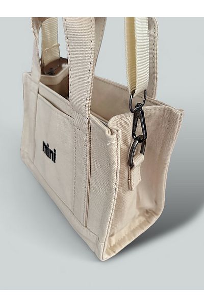 ESNEVA Canvas Fabric Cream Mini Lettering Printed Mini Size Adjustable Strap Hand Shoulder Bag