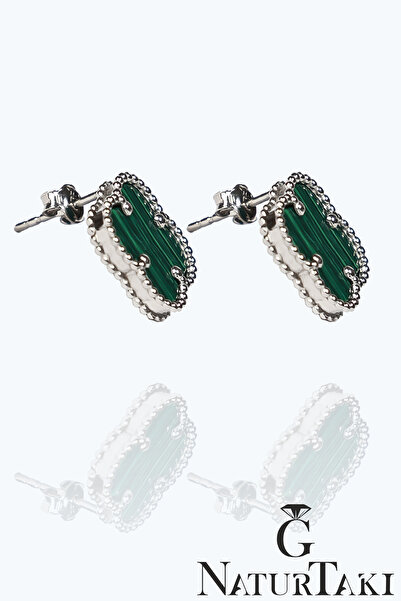 Naturtakı Van Cleef Yeşil Malakit Yonca Doğal Taşlı Tasarım Kadın Gümüş Küpe Modeli