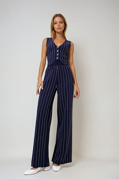 VAGGON Women's Navy Blue V-Neck Striped Vest and Elastic Waist Pants Knitwear Set