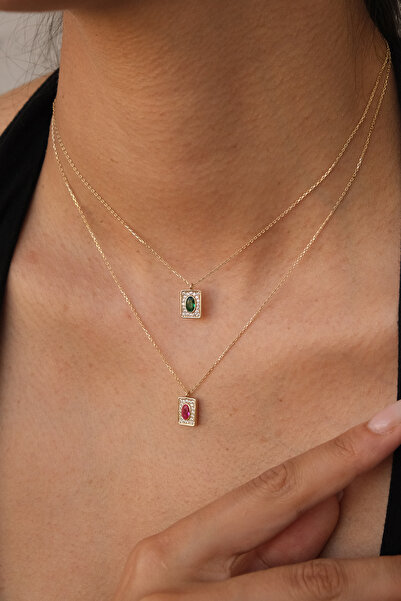 LİLAK KUYUMCULUK 14 Ayar Altın Vintage  Kare  Özel Taşlı Kolye