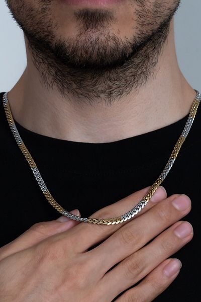 Takı Dükkanı Yellow White Crushed Flat Snake Model Steel Unisex Necklace Eck41