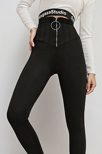 VAGGON Women's Black Ring Zipper Detailed Matte Textured High Waist Leggings Vgn-X9635